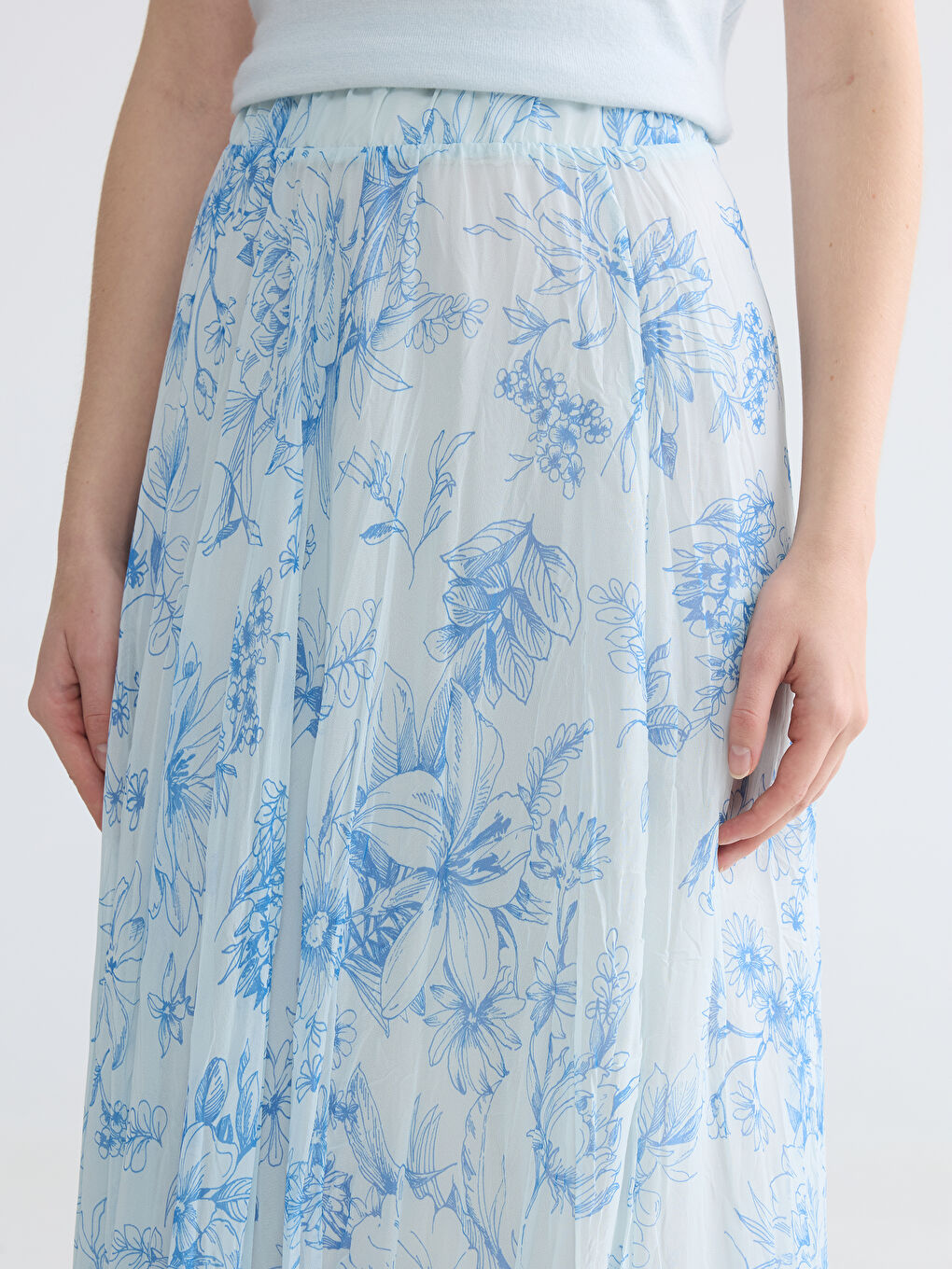 Elastic Waist Patterned Chiffon Pleated Skirt-2