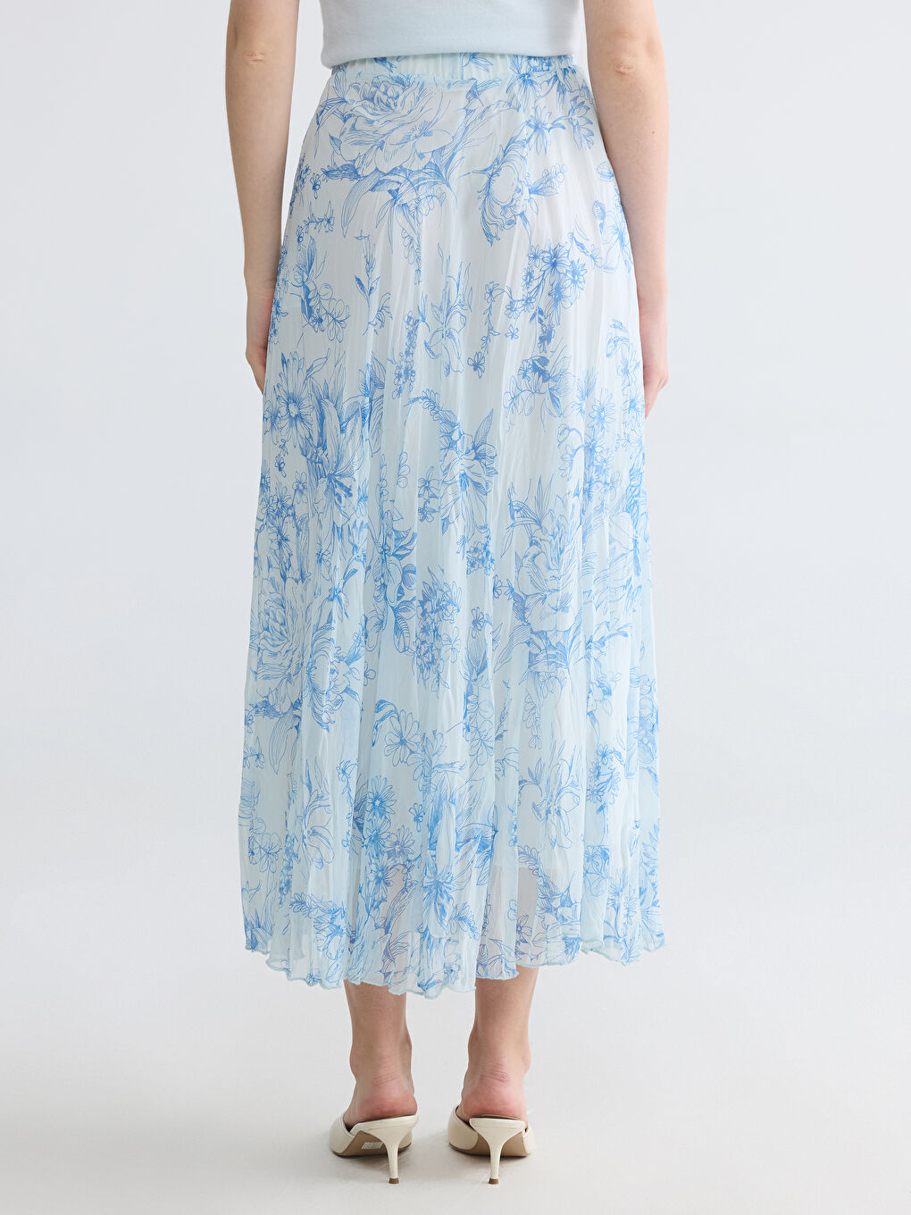 Elastic Waist Patterned Chiffon Pleated Skirt-3