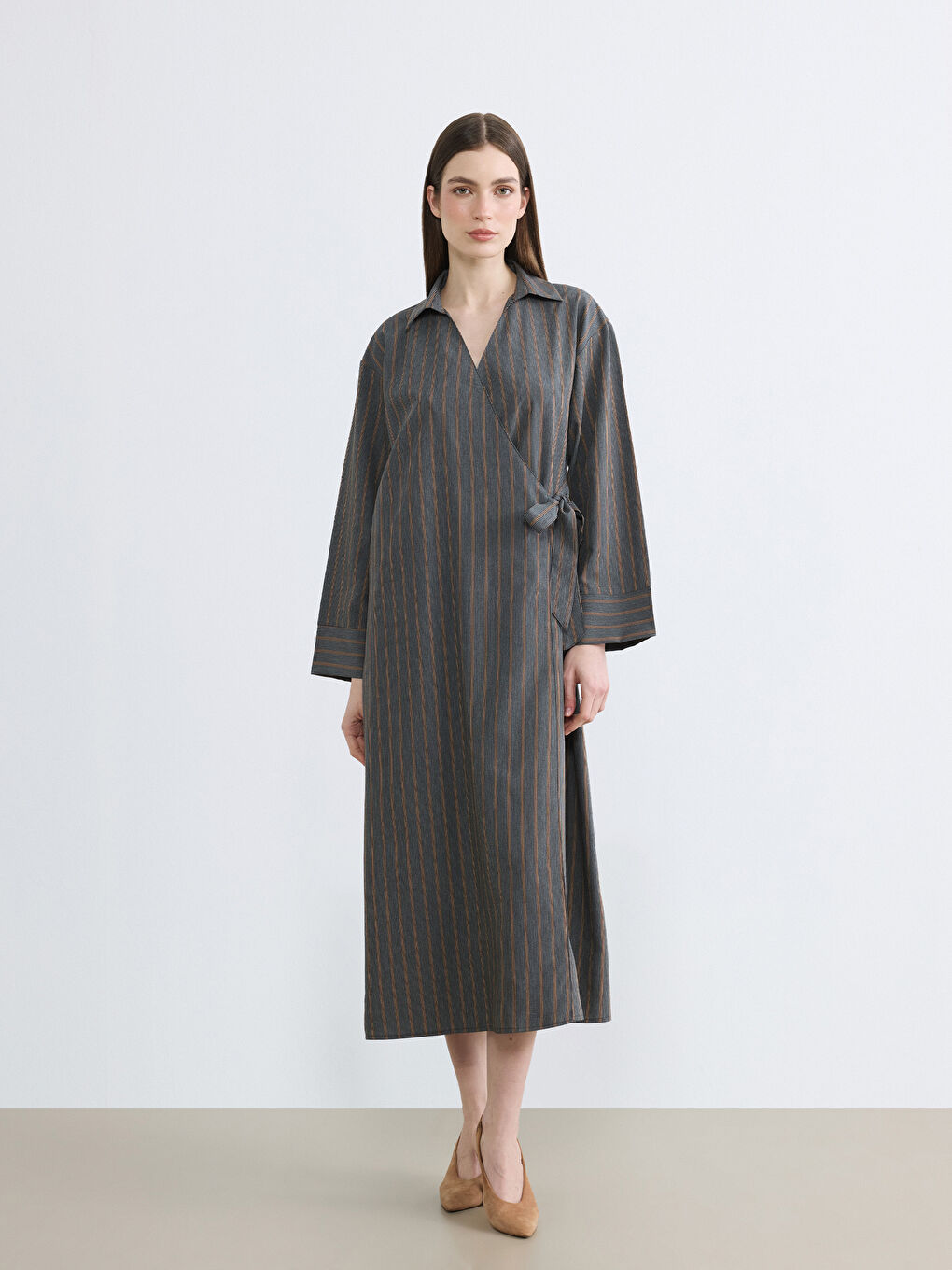 Gri Gömlek Yaka Çizgili A Kesim Elbise-1