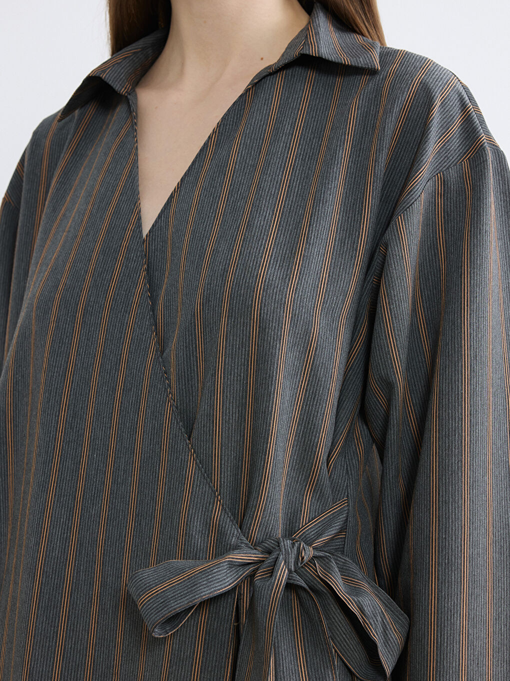 Gri Gömlek Yaka Çizgili A Kesim Elbise-2