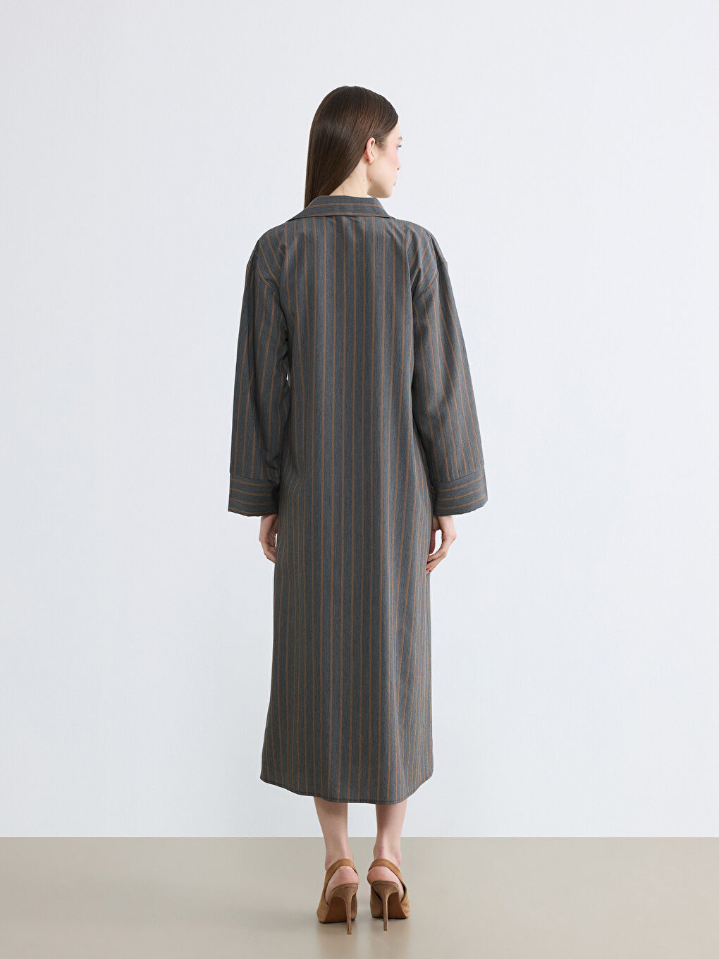 Gri Gömlek Yaka Çizgili A Kesim Elbise-3