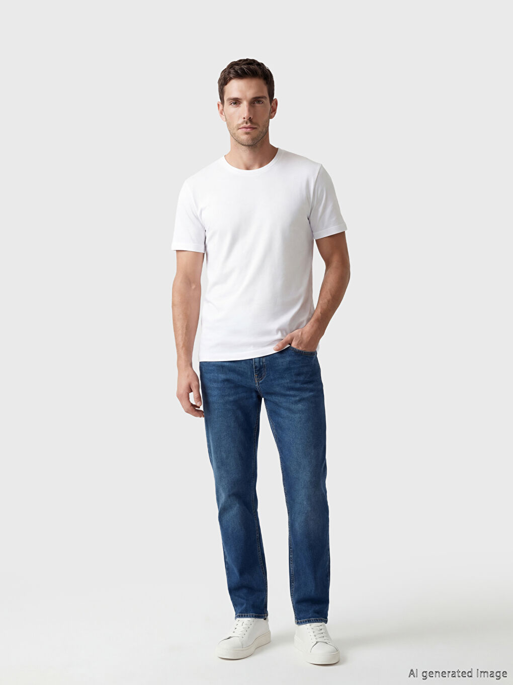 Beyaz Bisiklet Yaka Erkek Penye Tişört-1