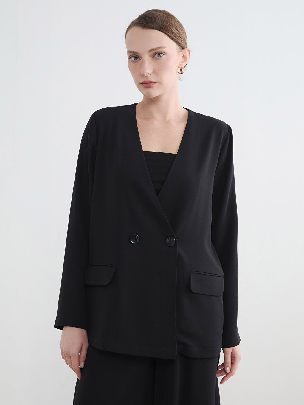 Siyah Kruvaze Yaka Kadın Blazer Ceket