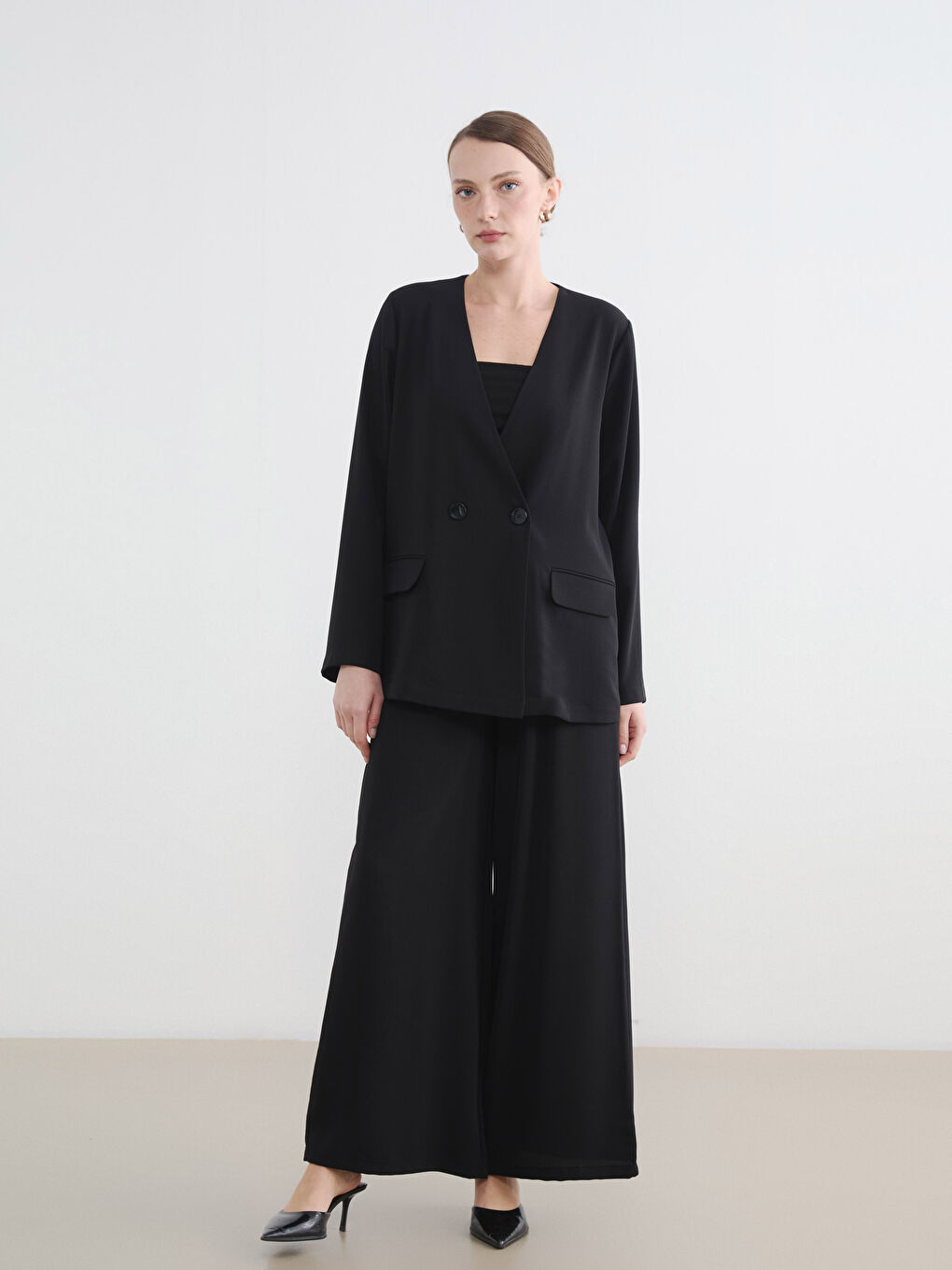 Siyah Kruvaze Yaka Kadın Blazer Ceket-1