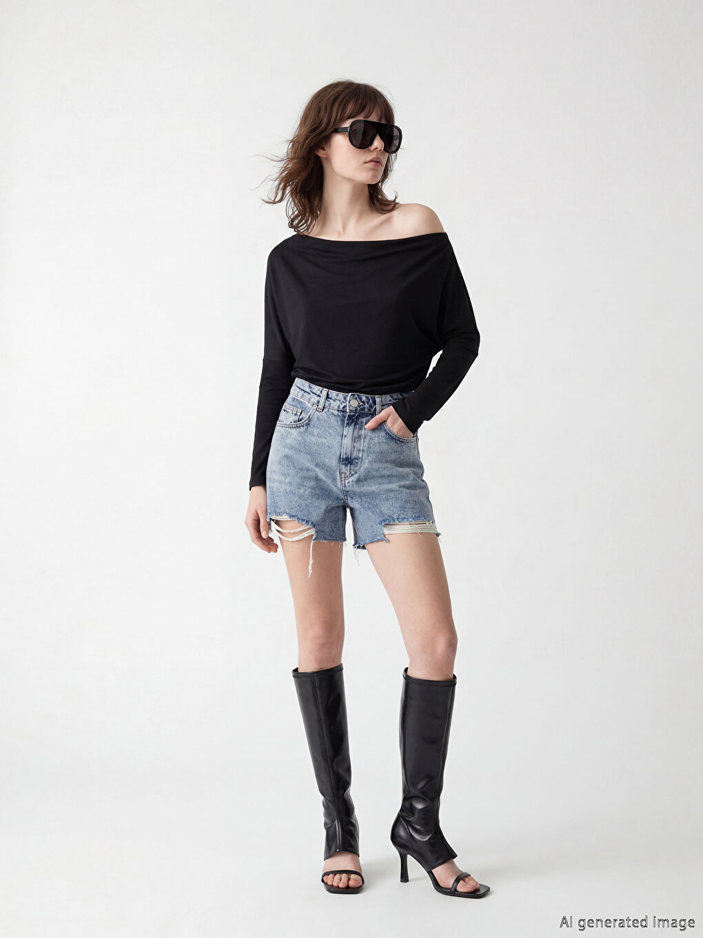 Siyah Kayık Yaka Dökümlü  Bluz-1