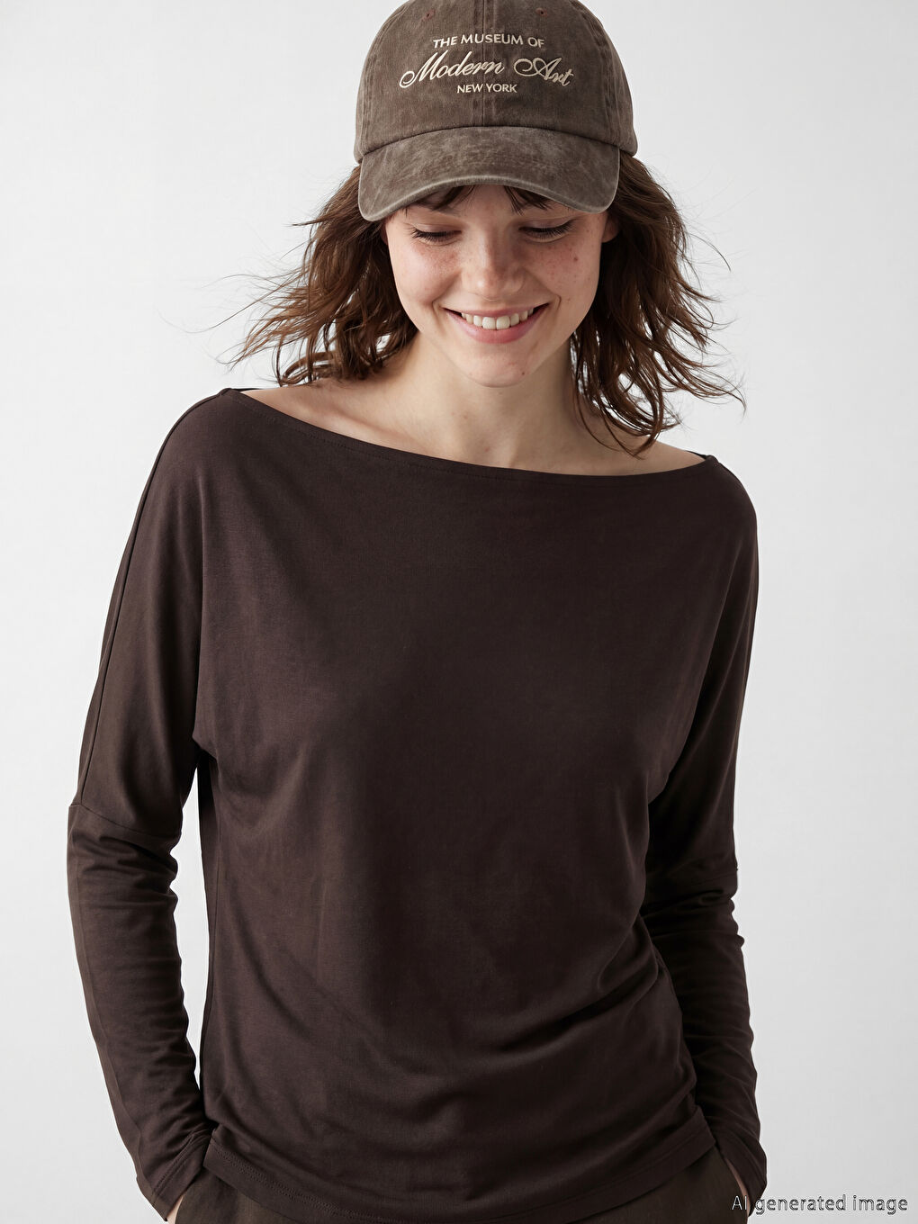 Kahverengi Kayık Yaka Dökümlü  Bluz