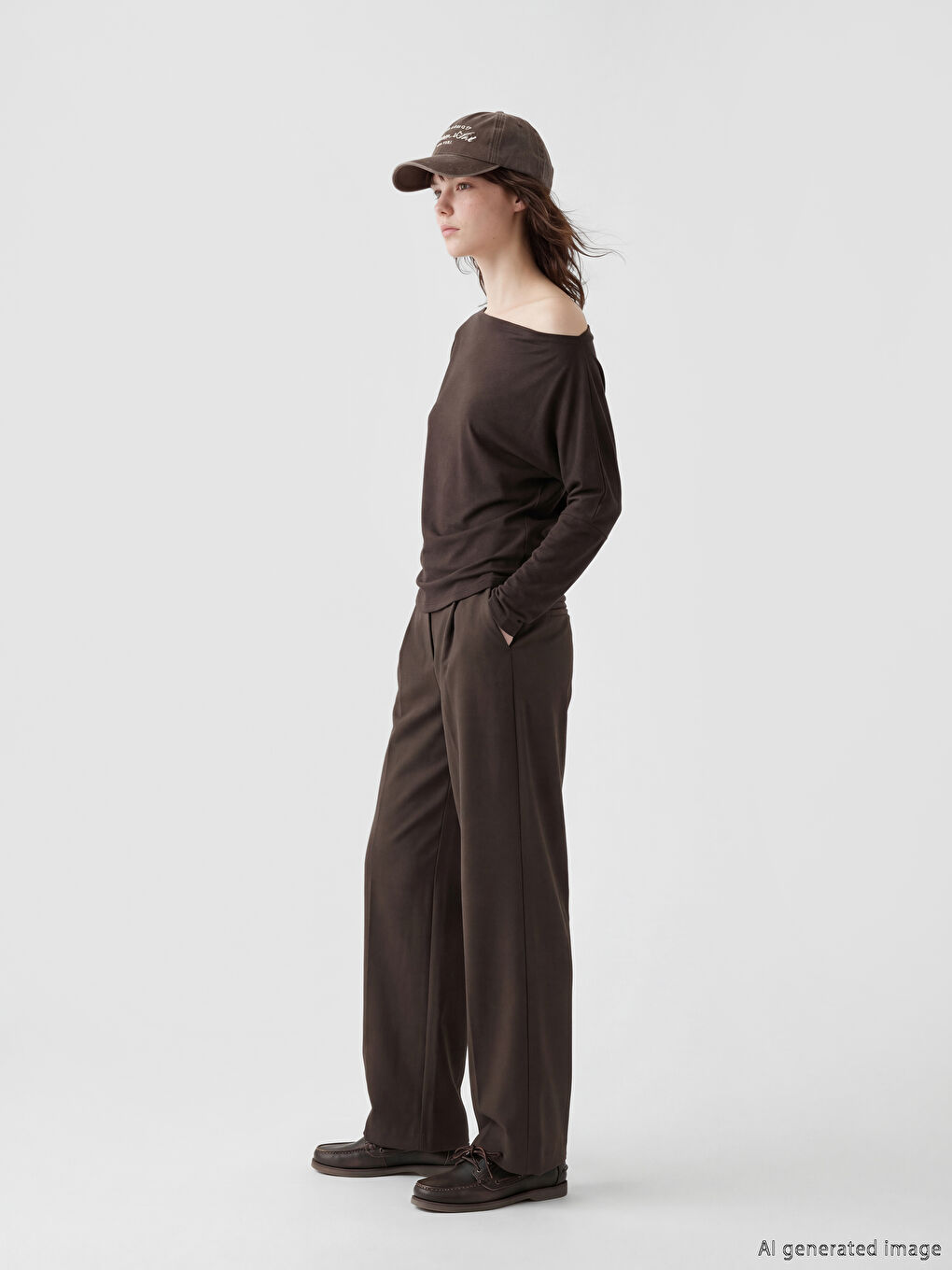 Kahverengi Kayık Yaka Dökümlü  Bluz-1