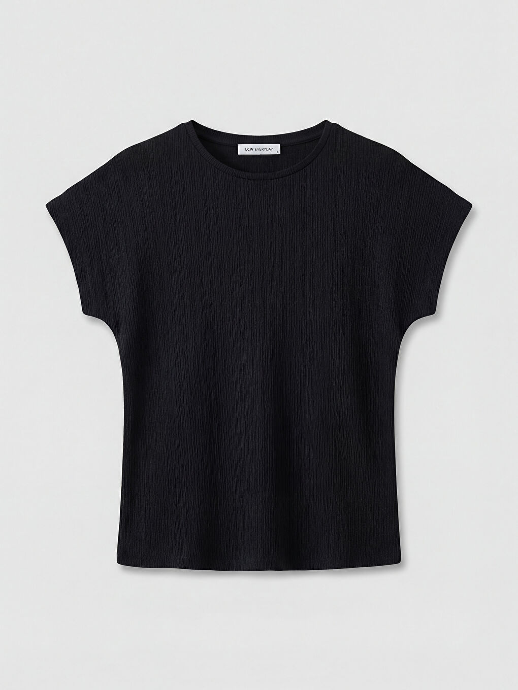 Siyah Bisiklet Yaka Dokulu Kadın Tişört	