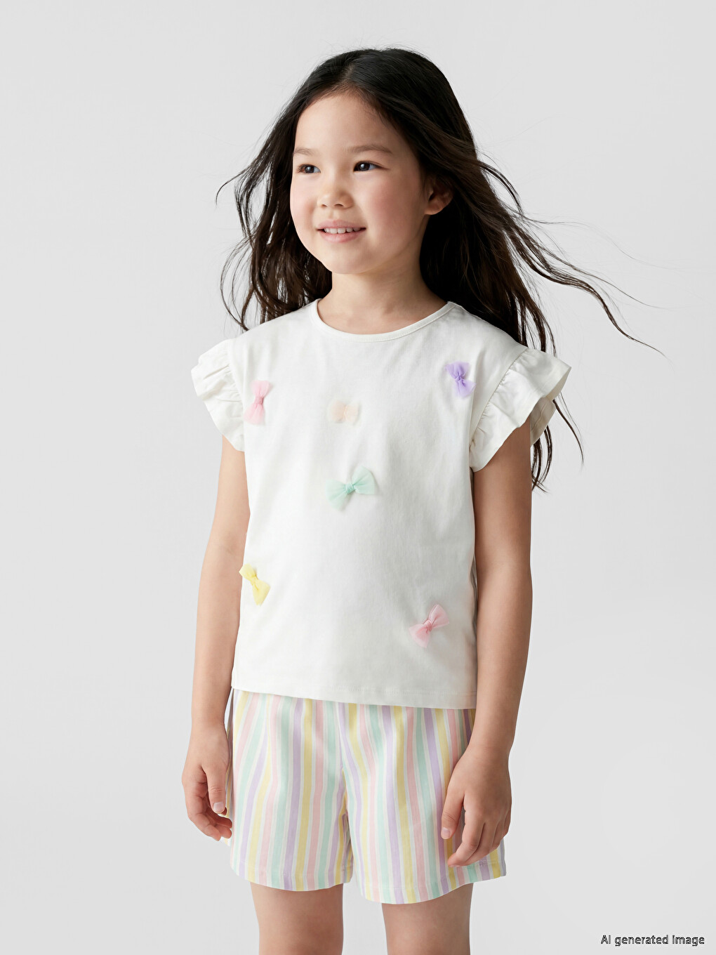 Ekru Fiyonk Nakışlı Kız Çocuk Tişört