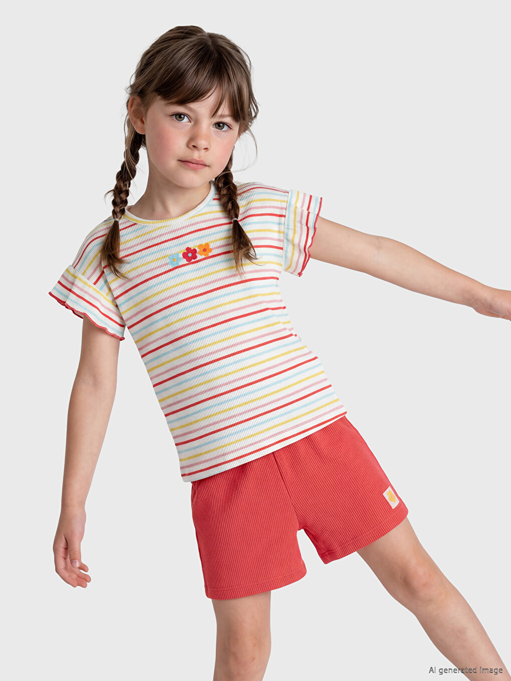 LCW Kids Bisiklet Yaka Nakışlı Kız Çocuk Tişört 2'li - S6A183Z1