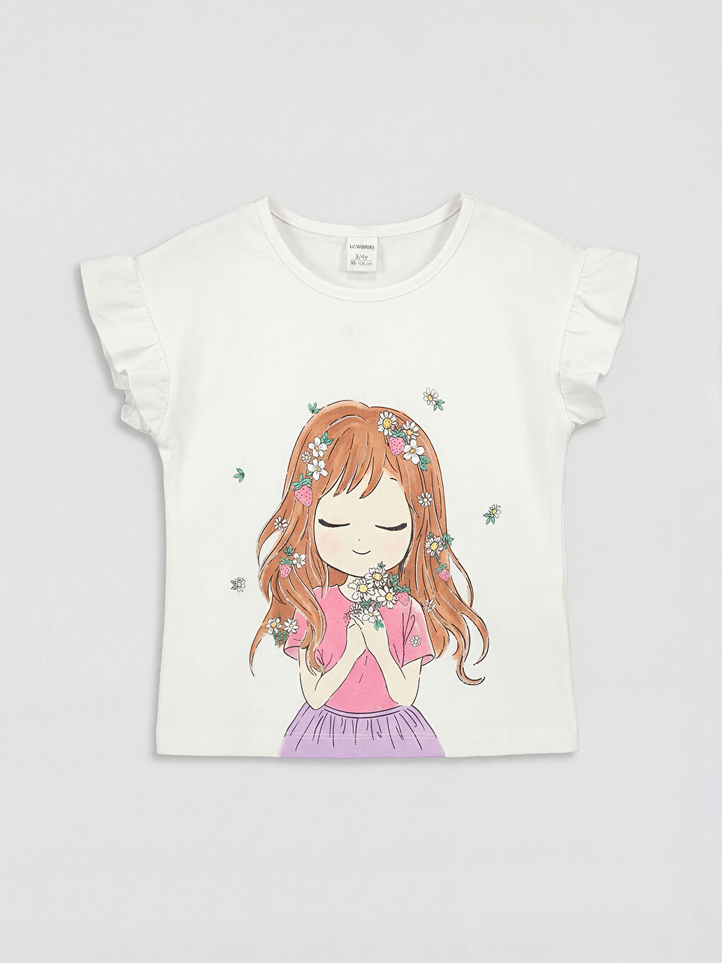 Ekru Bisiklet Yaka Baskılı Kız Çocuk Tişört