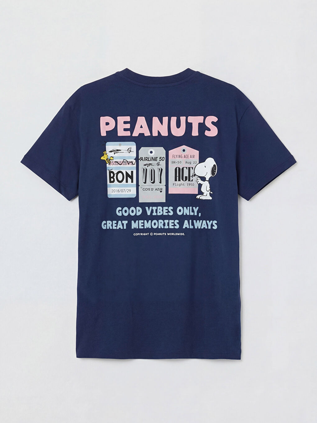Lacivert Bisiklet Yaka Snoopy Baskılı Kadın Tişört-1