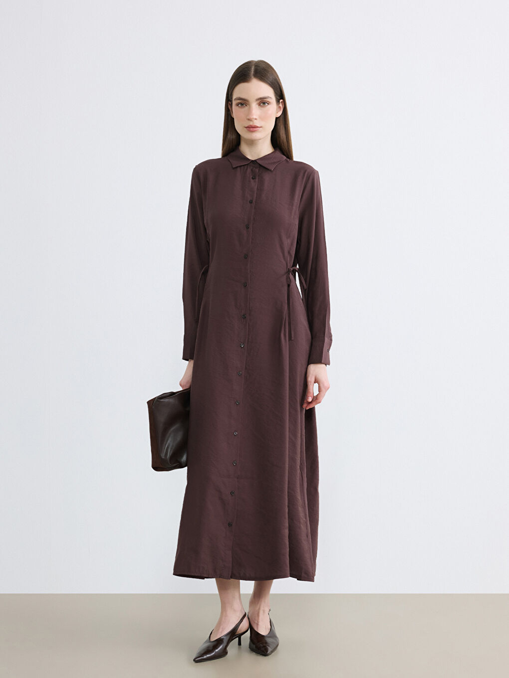 Kahverengi Modal Karışımlı Gömlek Elbise-1