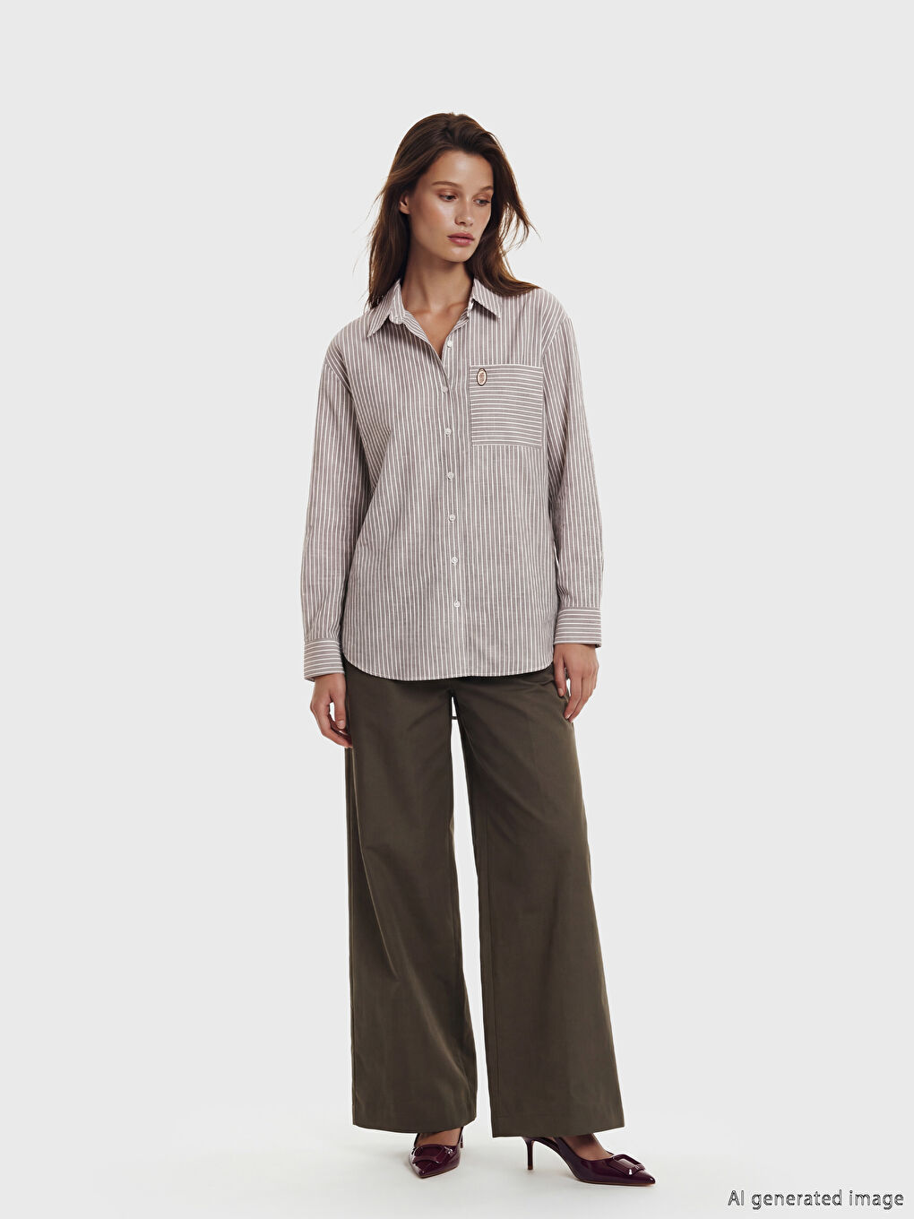 Kahverengi Çizgili Poplin Kadın Gömlek Tunik-1