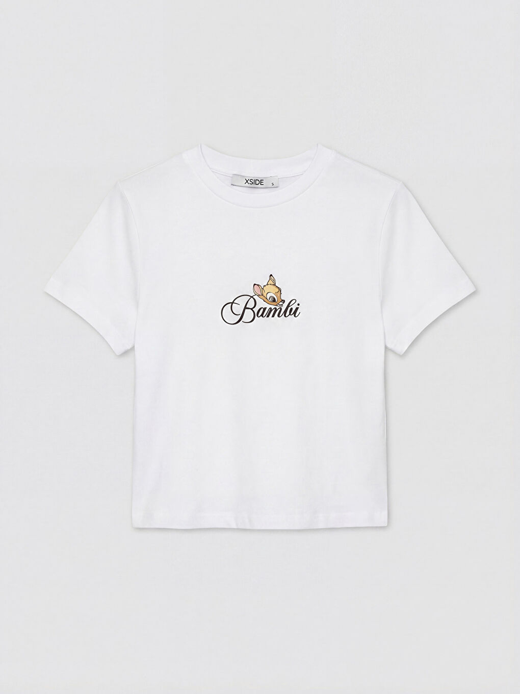 Beyaz Bisiklet Yaka Bambi Baskılı Kadın Tişört