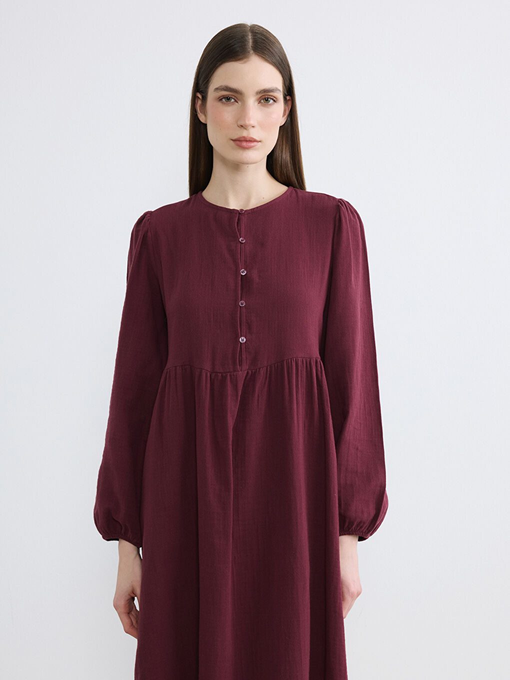 Bordo Bisiklet Yaka Büzgülü Müslin Elbise