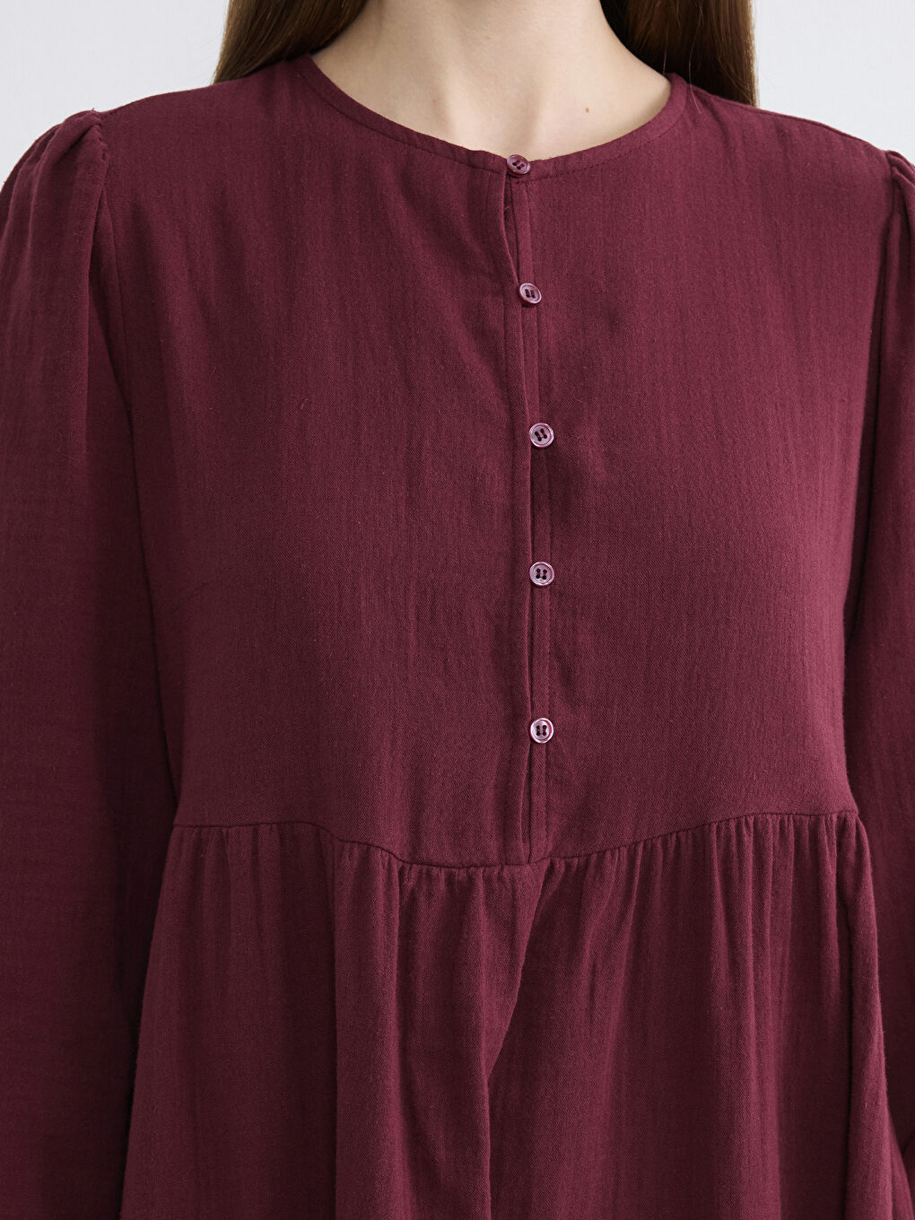 Bordo Bisiklet Yaka Büzgülü Müslin Elbise-2