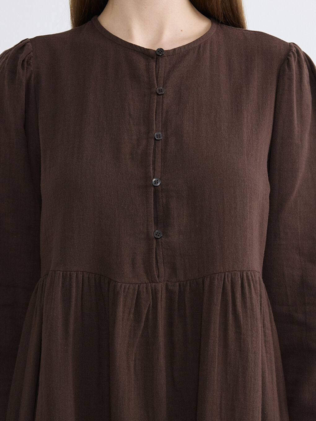 Kahverengi Bisiklet Yaka Büzgülü Müslin Elbise-2