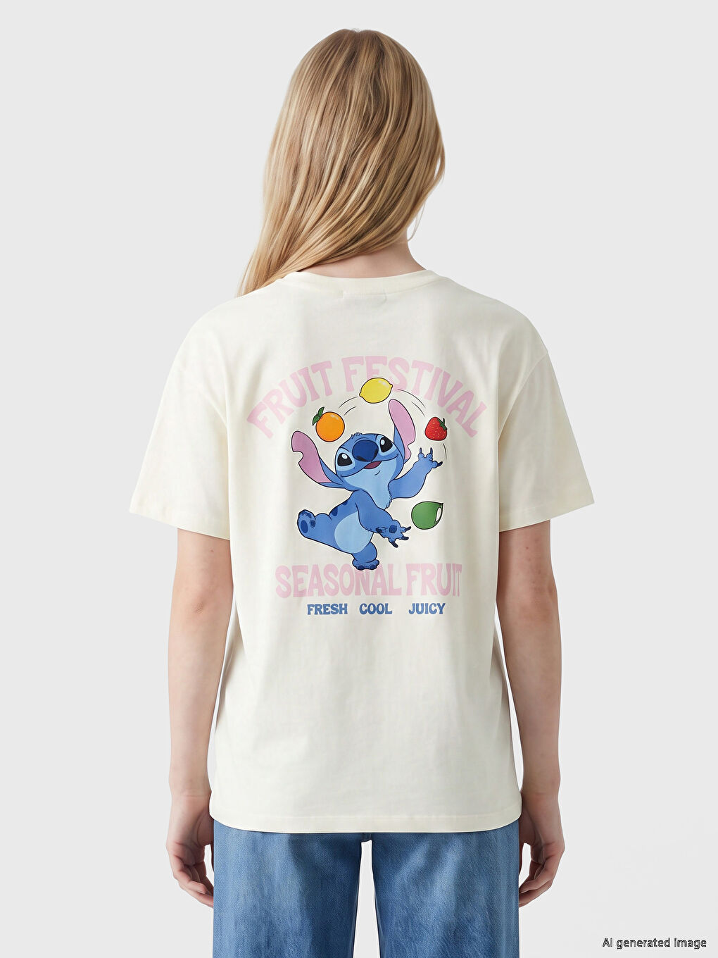 Bej Bisiklet Yaka Stitch Baskılı Kadın Tişört-3