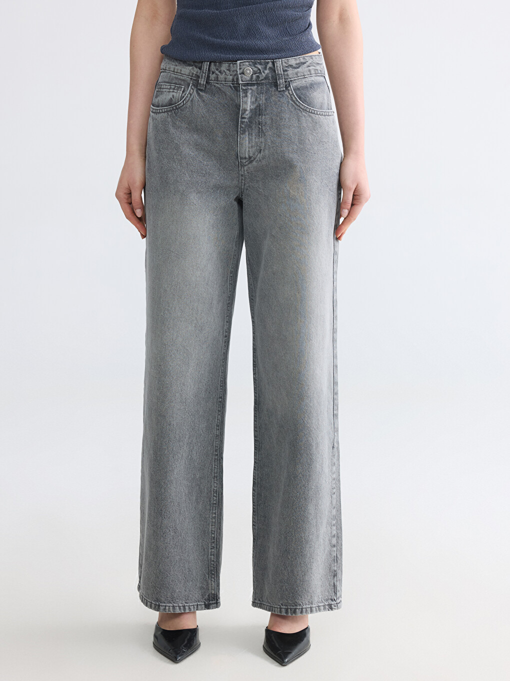 Gri Straight Fit Kadın Jean Pantolon-1