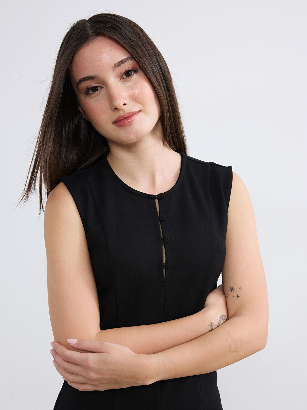 Siyah Bisiklet Yaka A Kesim Peplum Mini Elbise-1