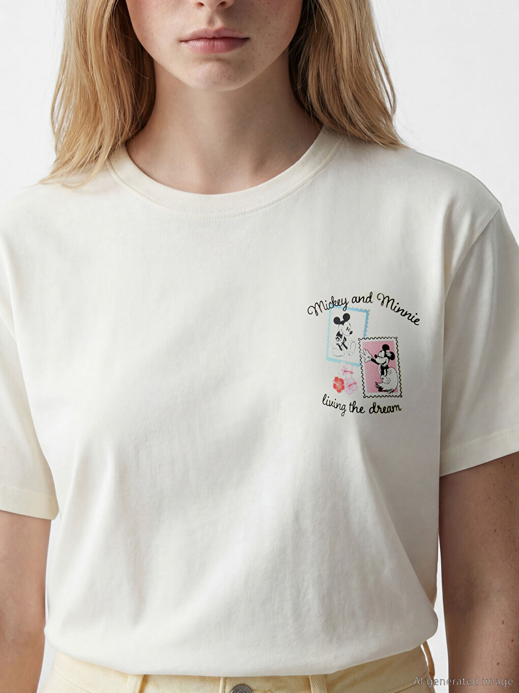 Bej Mickey Mouse Baskılı Kadın Tişört-2