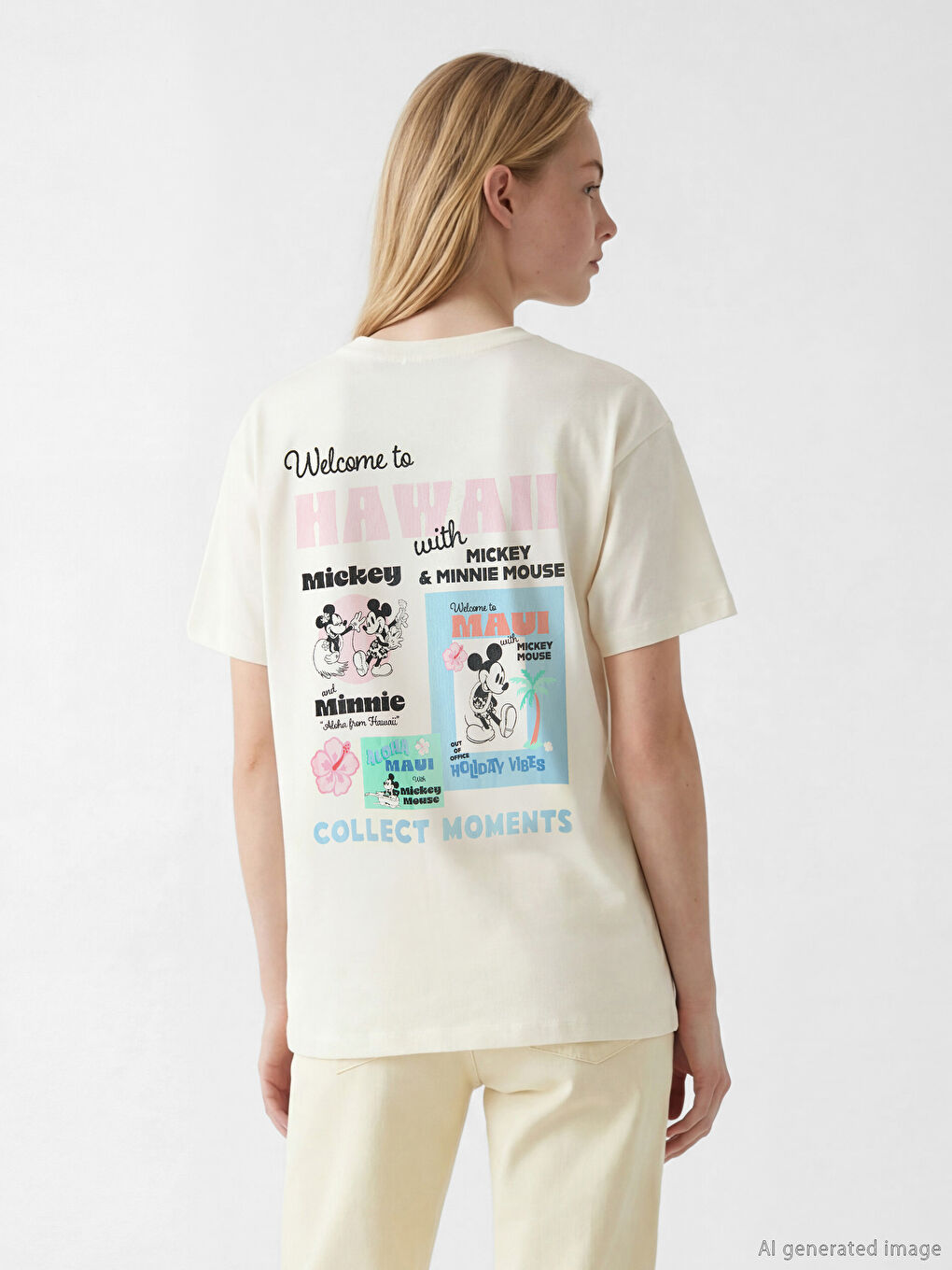 Bej Mickey Mouse Baskılı Kadın Tişört-3