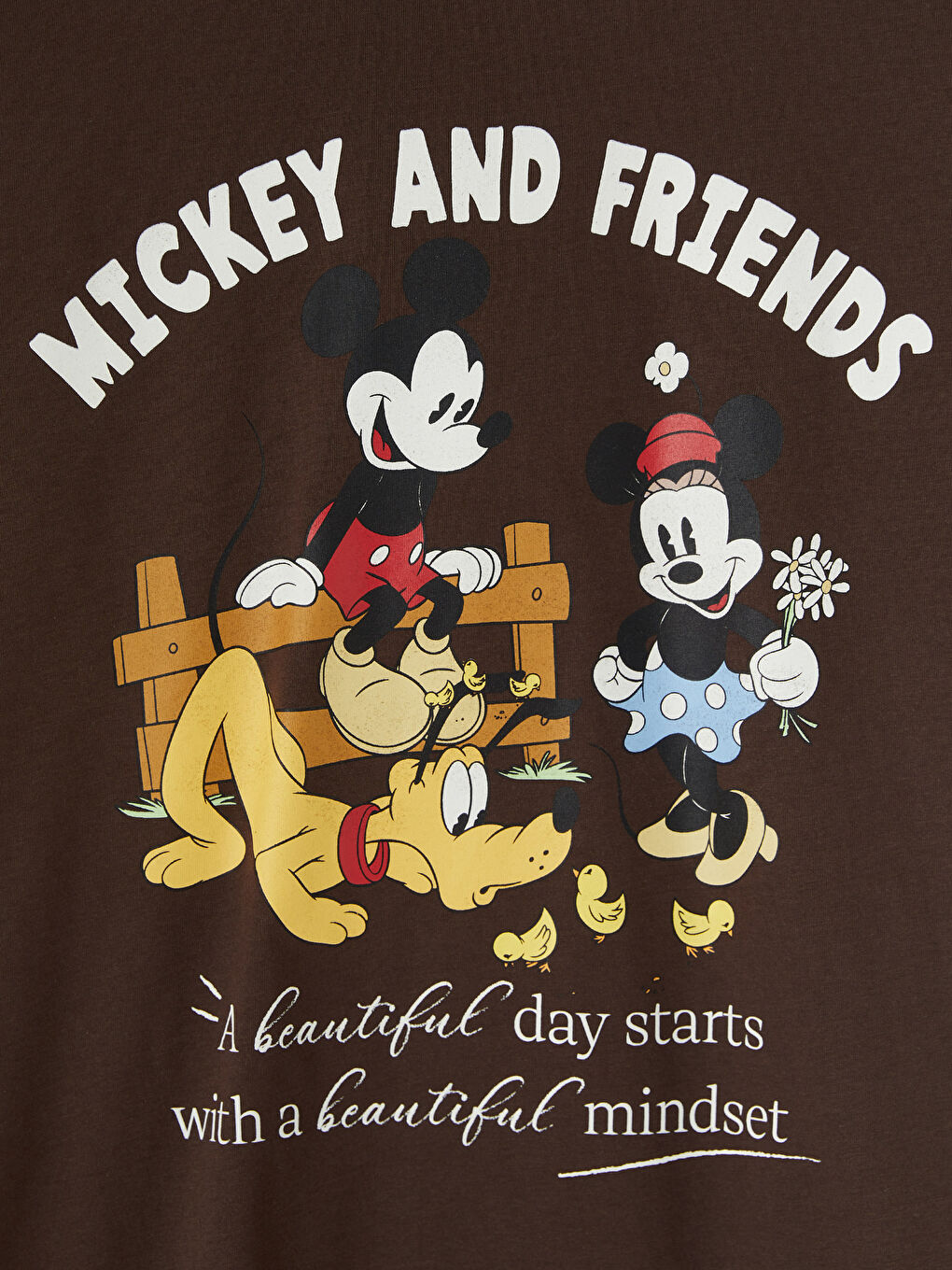 Kahverengi Mickey Mouse Baskılı Kadın Tişört-4