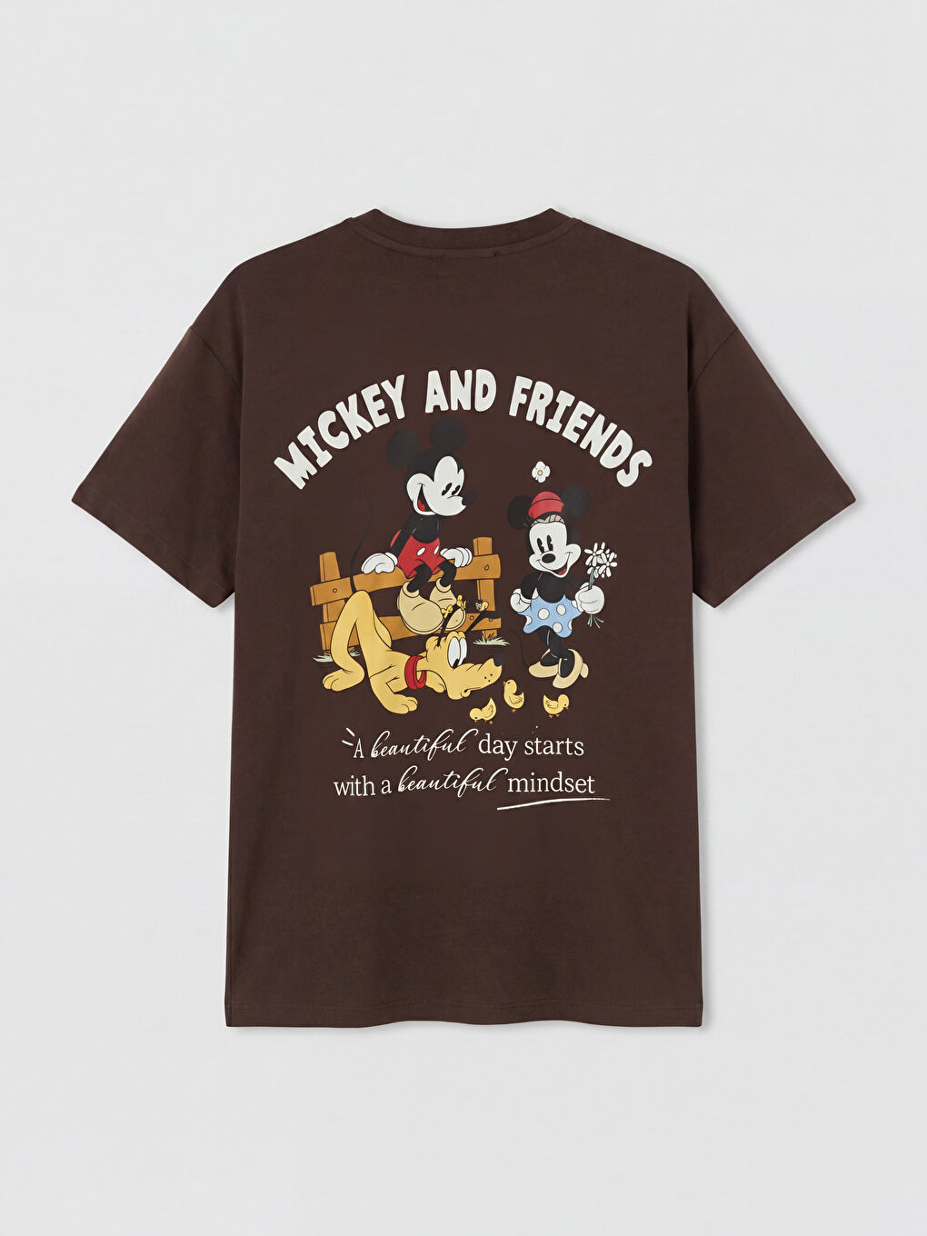 Kahverengi Mickey Mouse Baskılı Kadın Tişört-1