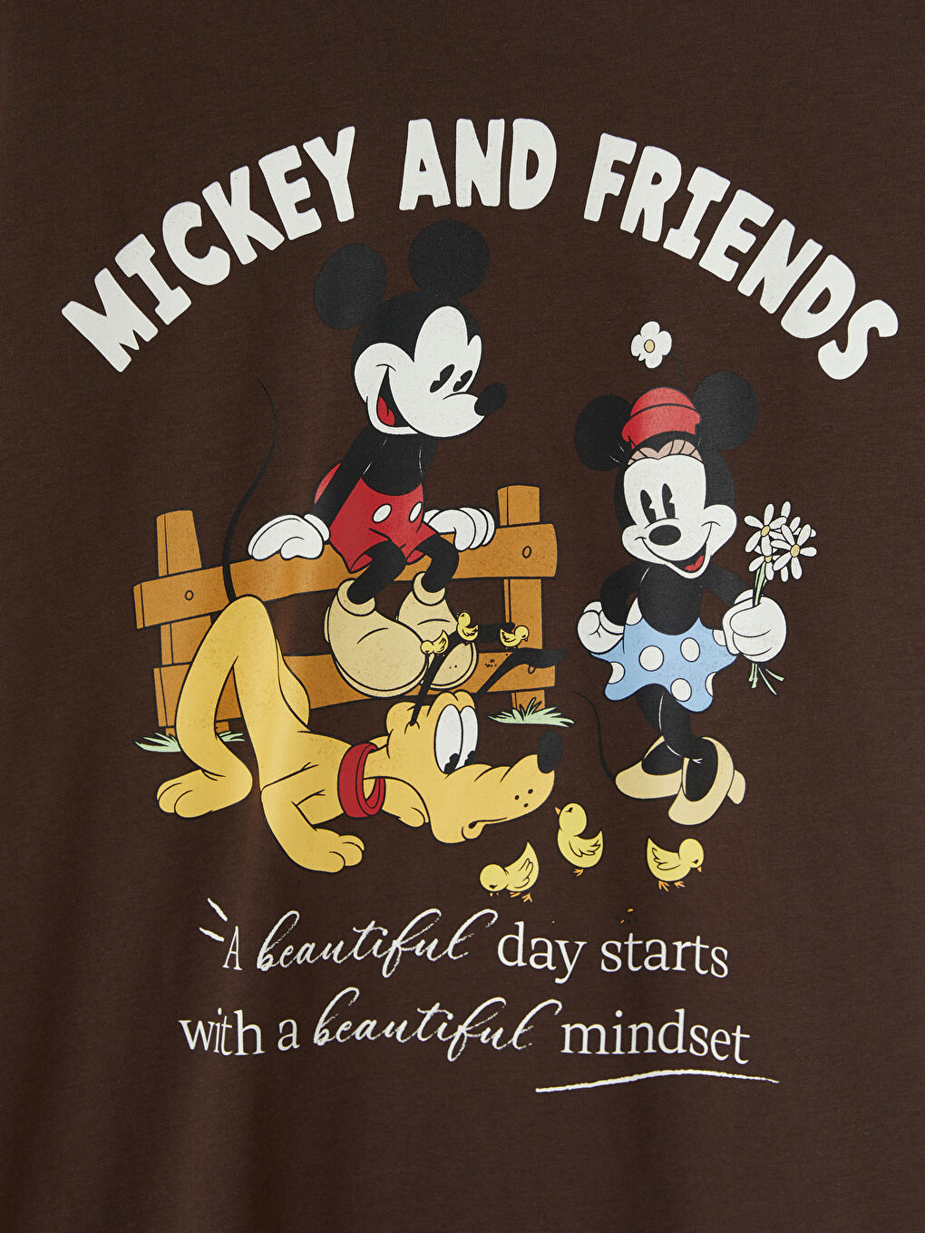 Kahverengi Mickey Mouse Baskılı Kadın Tişört-3