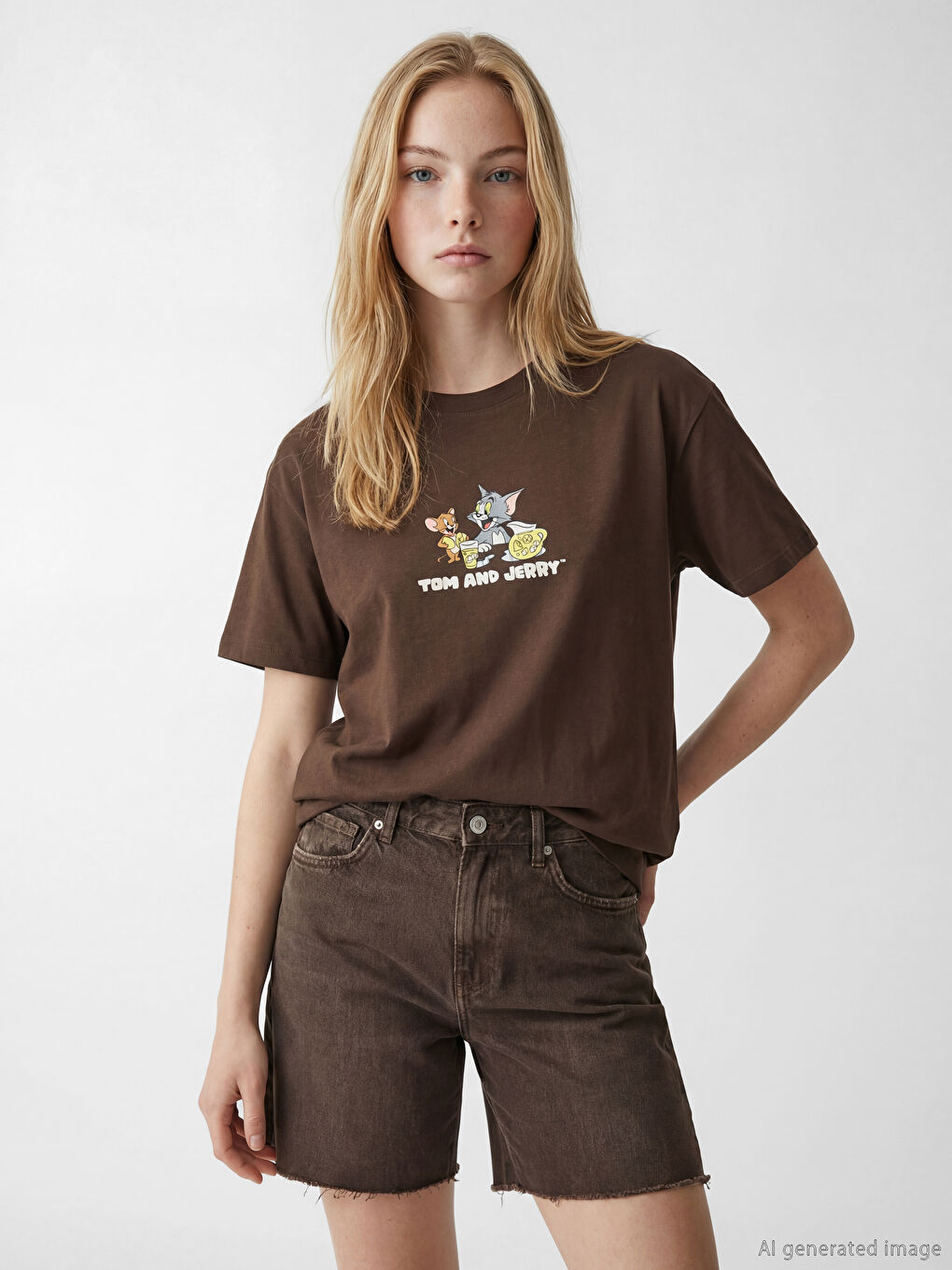 Kahverengi Tom ve Jerry Baskılı Kadın Tişört