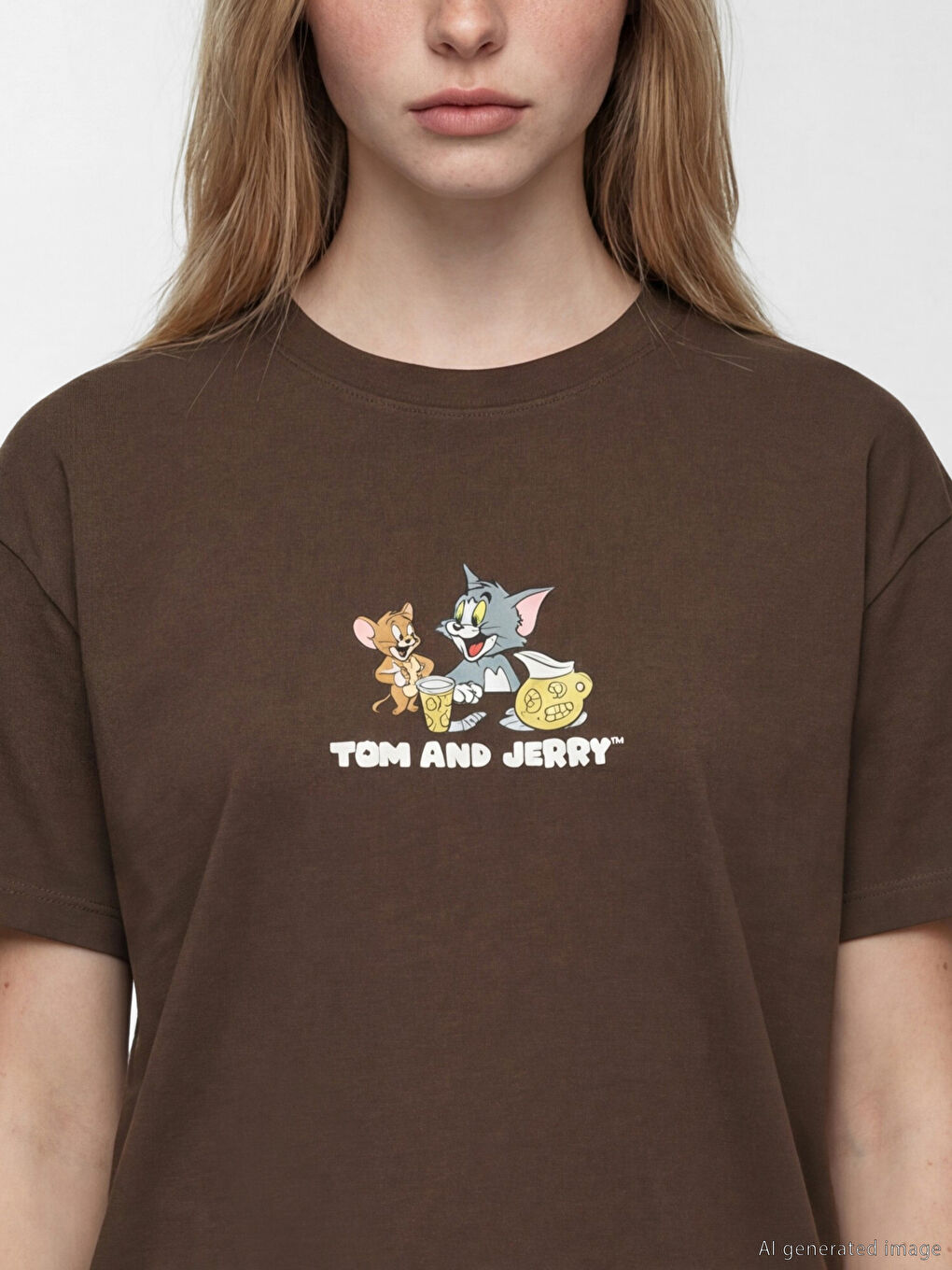 Kahverengi Tom ve Jerry Baskılı Kadın Tişört-1