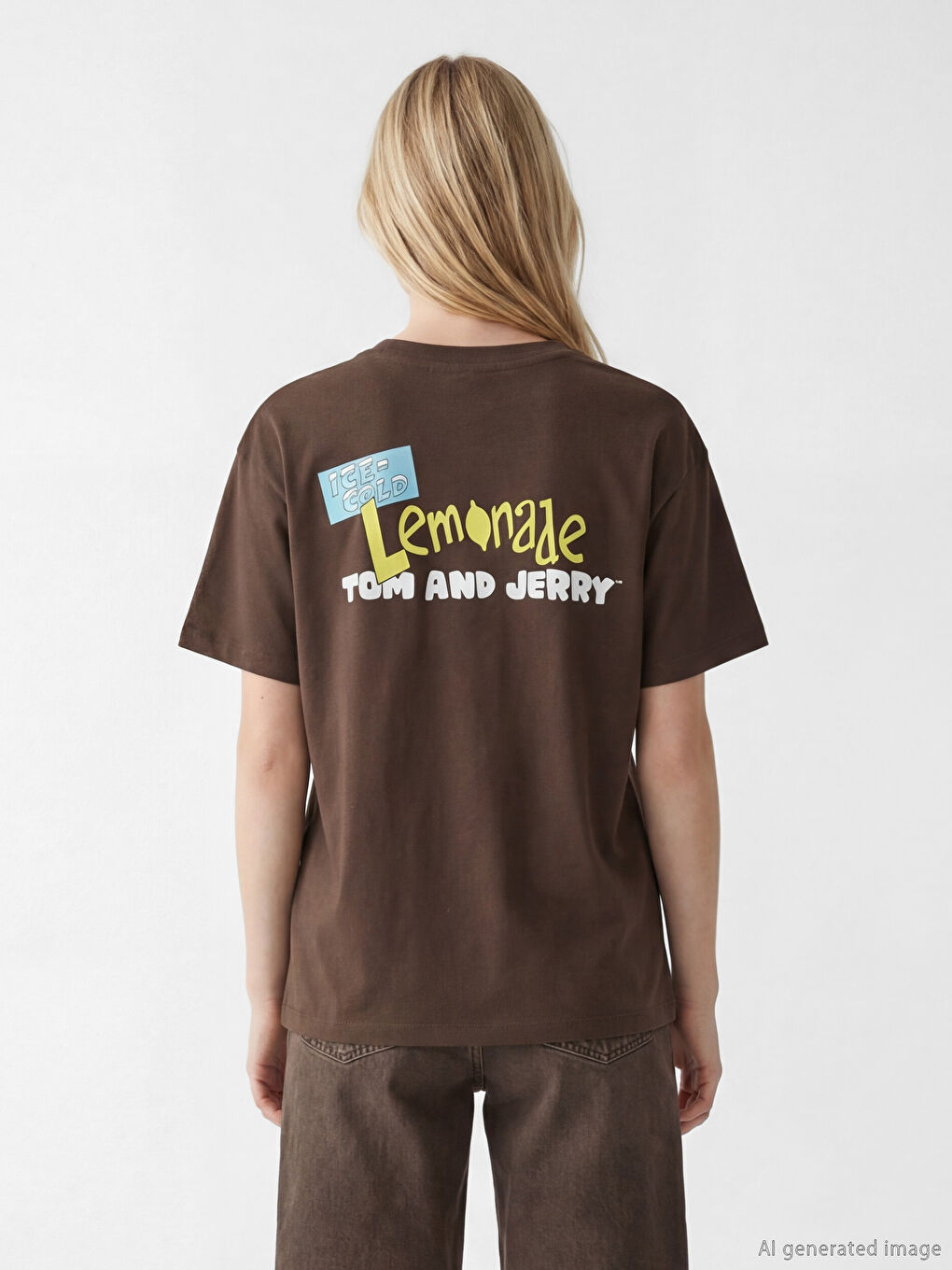 Kahverengi Tom ve Jerry Baskılı Kadın Tişört-2