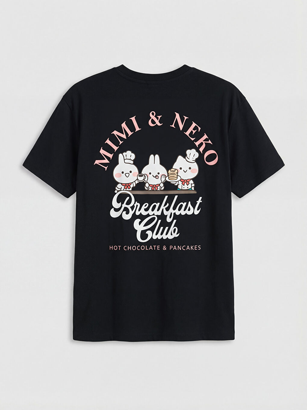 Siyah Bisiklet Yaka MimisNeko Baskılı Kadın Tişört-5