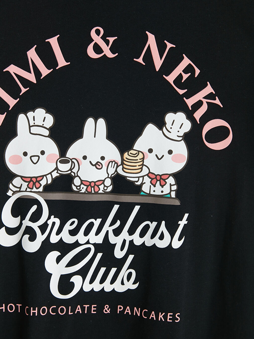 Siyah Bisiklet Yaka MimisNeko Baskılı Kadın Tişört-7