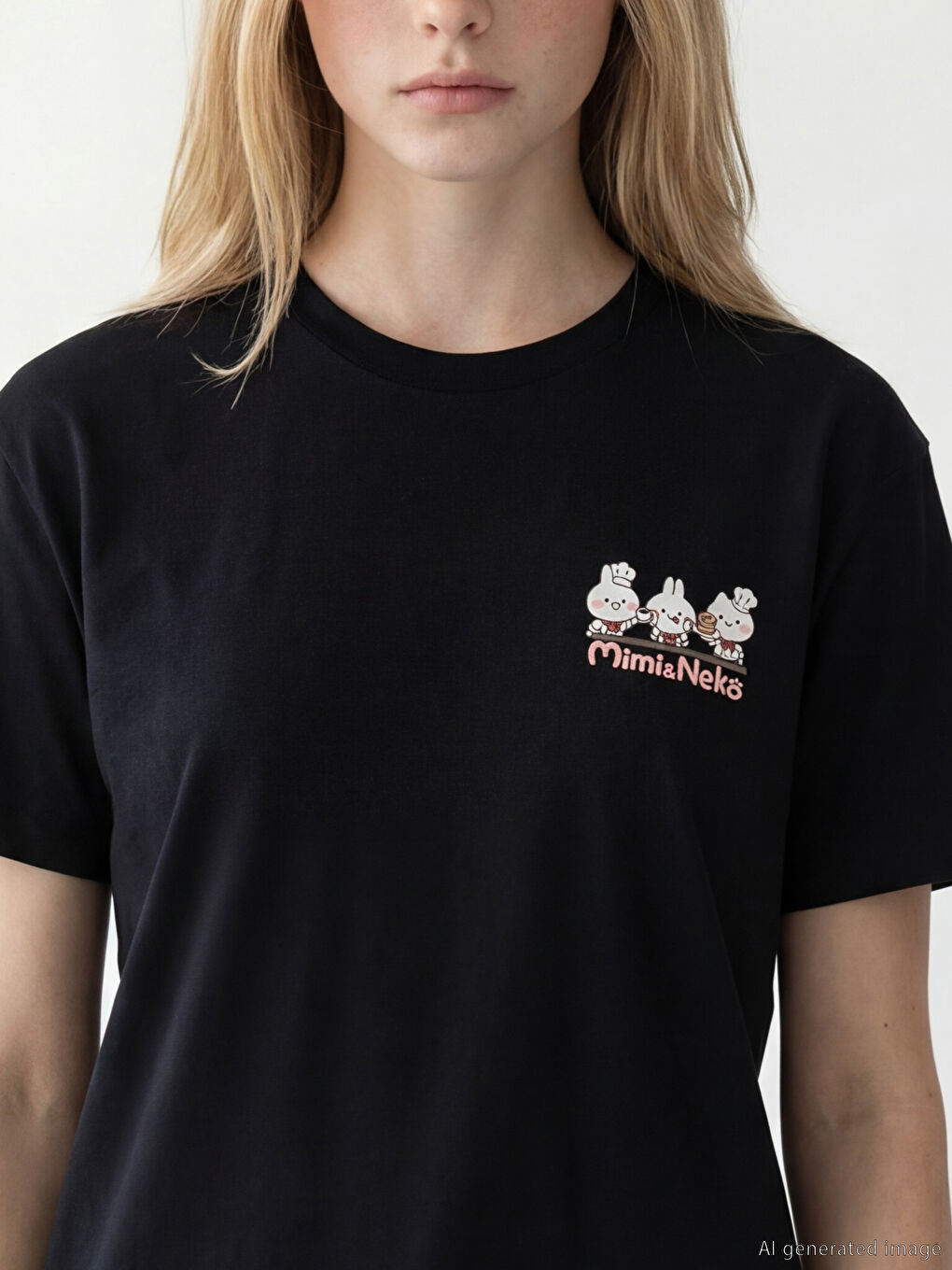 Siyah Bisiklet Yaka MimisNeko Baskılı Kadın Tişört-2