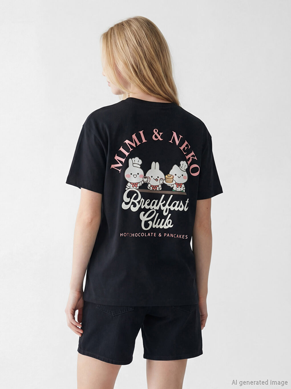 Siyah Bisiklet Yaka MimisNeko Baskılı Kadın Tişört-3