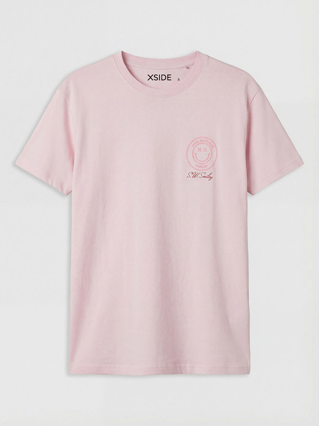 Pembe Bisiklet Yaka Smiley Baskılı Kadın Tişört