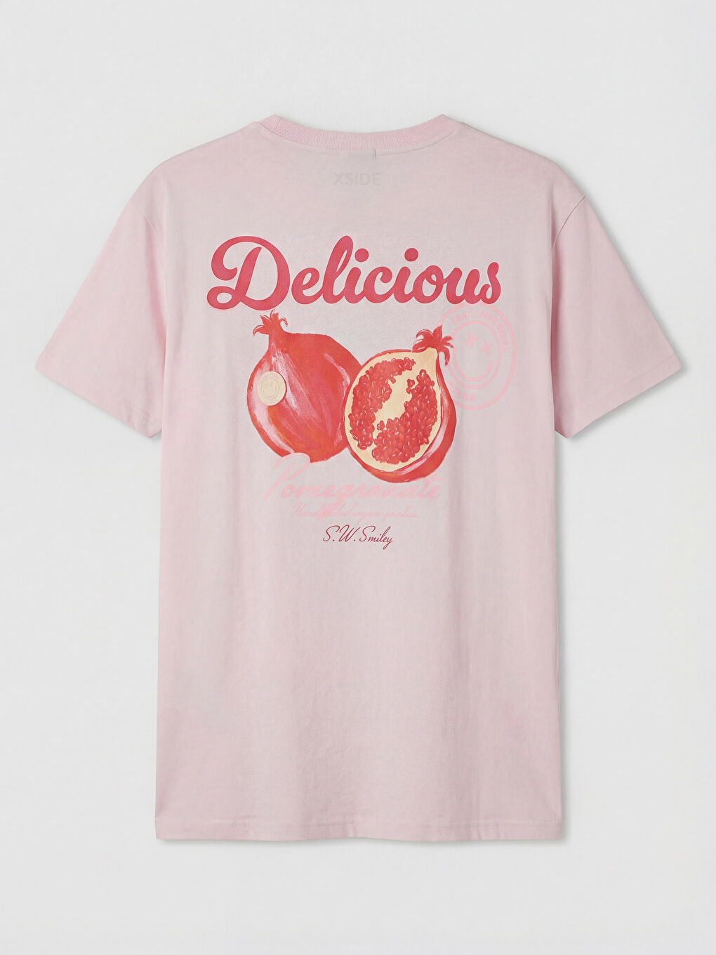 Pembe Bisiklet Yaka Smiley Baskılı Kadın Tişört-1