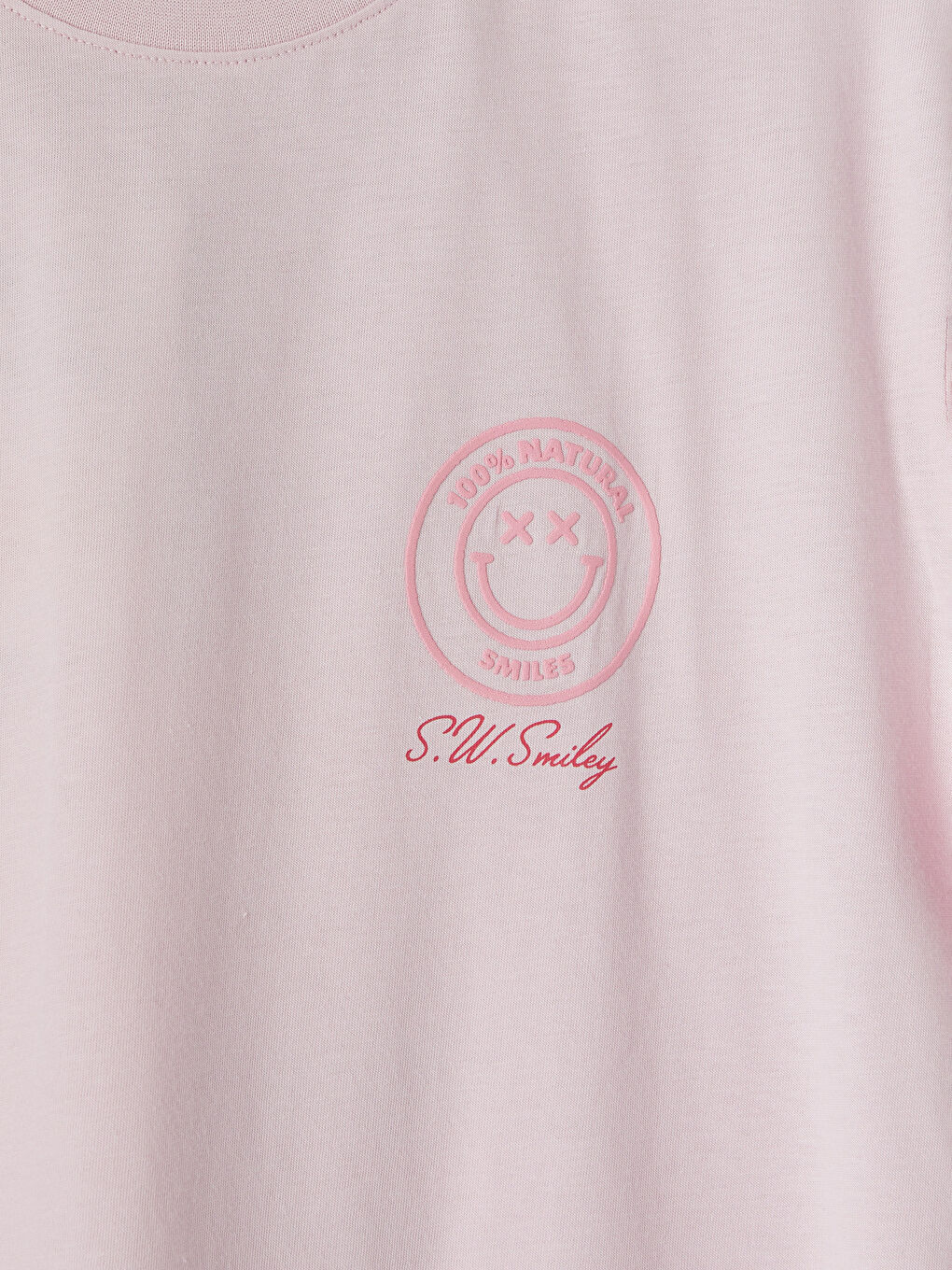 Pembe Bisiklet Yaka Smiley Baskılı Kadın Tişört-2