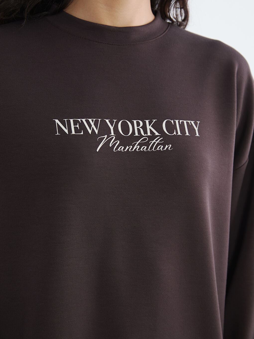 Kahverengi Bisiklet Yaka NYC Baskılı Kadın Sweatshirt Tunik-2