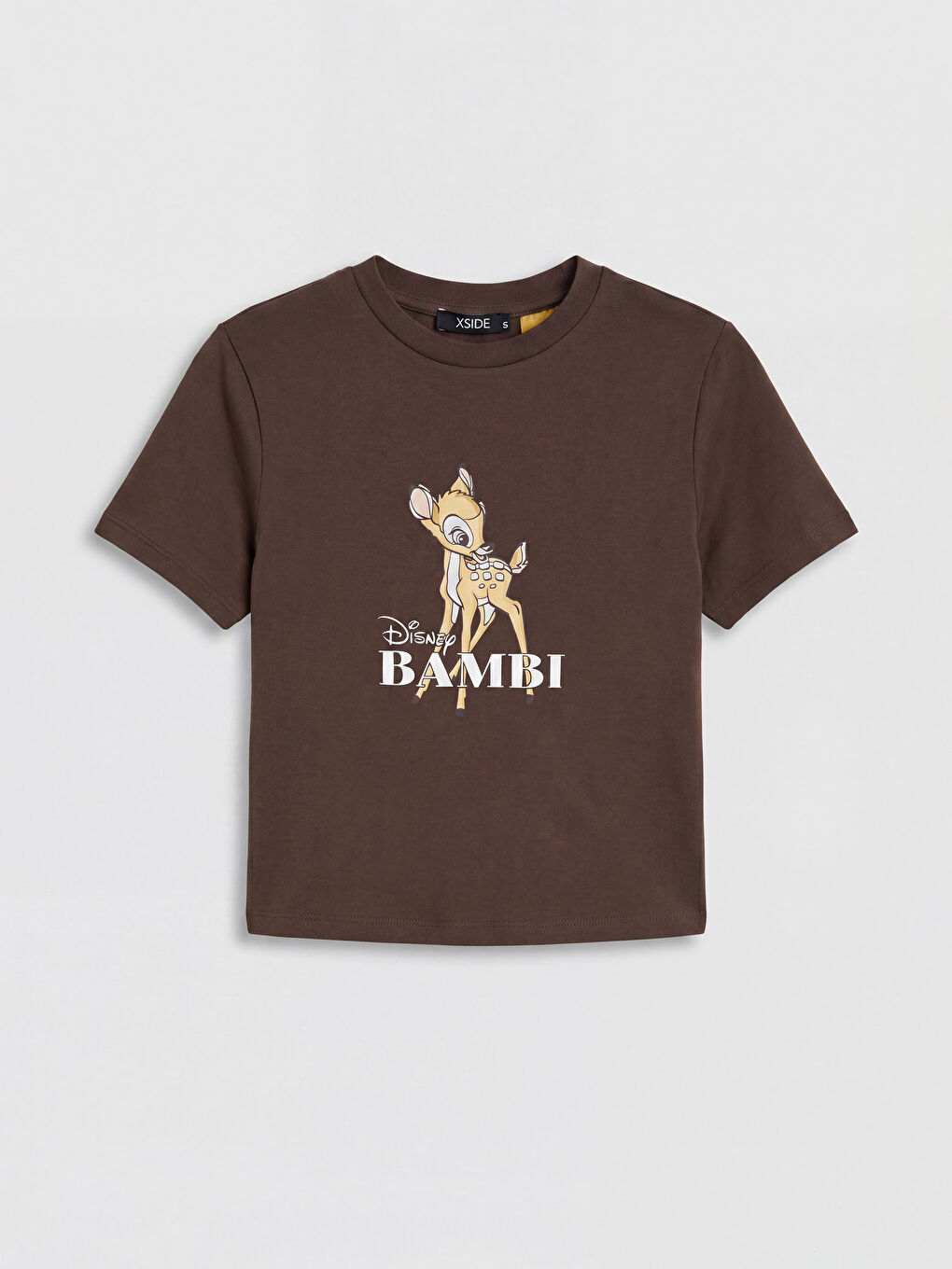 Kahverengi Bisiklet Yaka Bambi Baskılı Kadın Crop