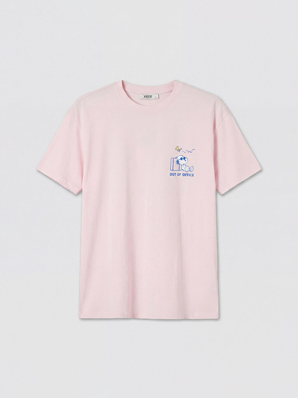 Pembe Bisiklet Yaka Snoopy Baskılı Kadın Tişört