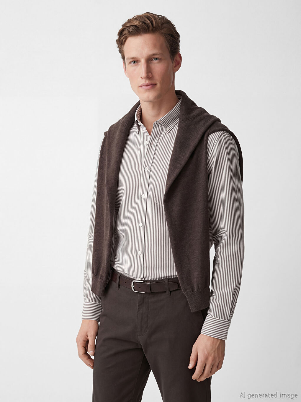 Kahverengi Standart Kalıp Çizgili Oxford Erkek Gömlek