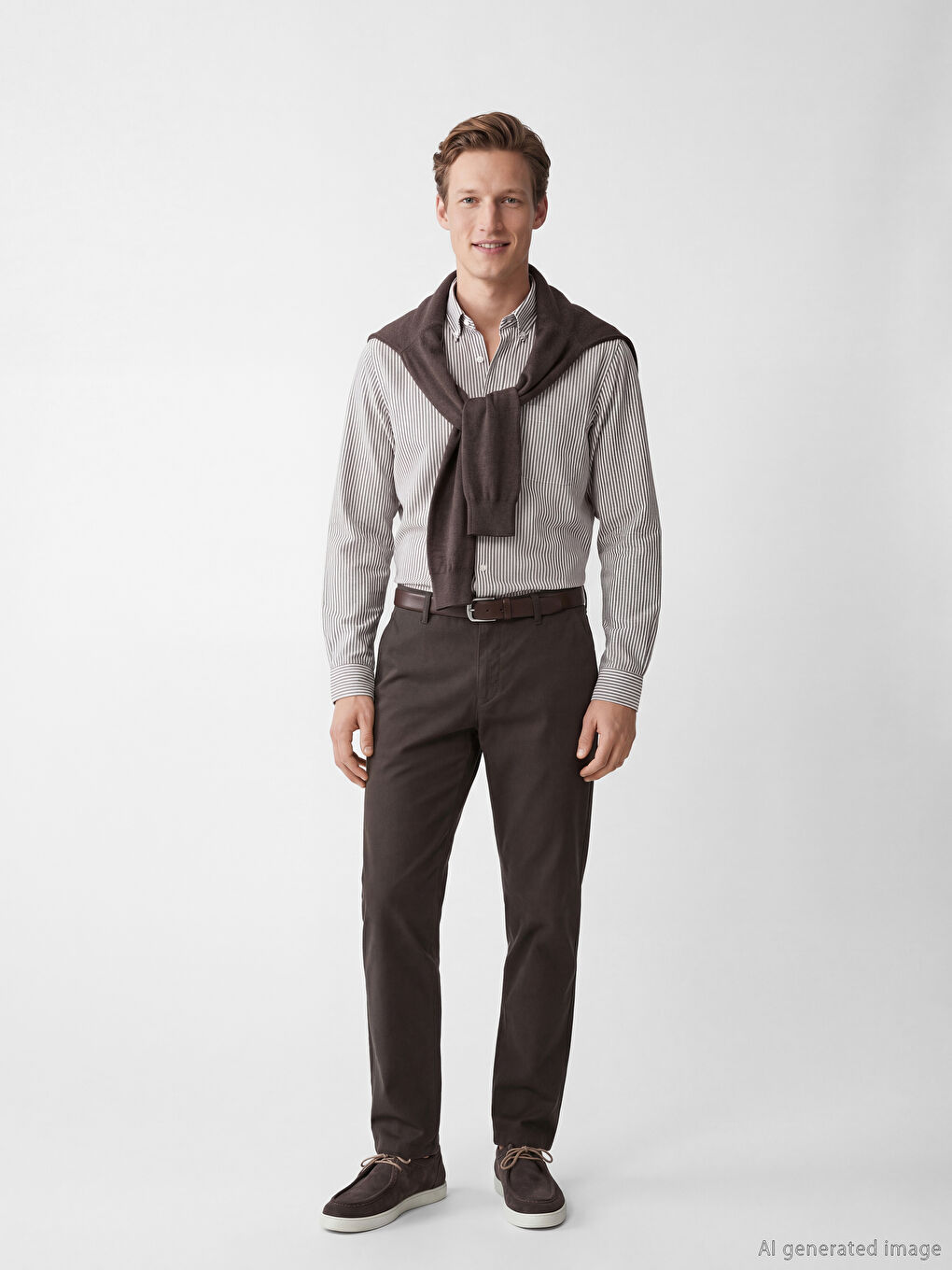 Kahverengi Standart Kalıp Çizgili Oxford Erkek Gömlek-1