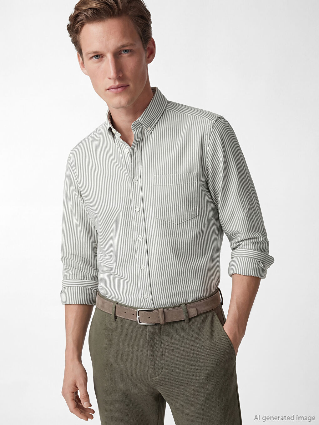 Haki Standart Kalıp Çizgili Oxford Erkek Gömlek