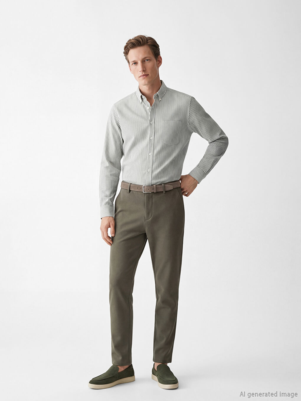 Haki Standart Kalıp Çizgili Oxford Erkek Gömlek-1