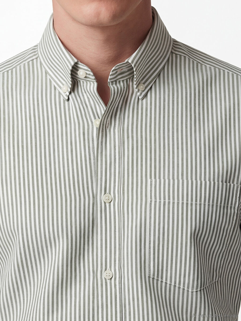 Haki Standart Kalıp Çizgili Oxford Erkek Gömlek-2