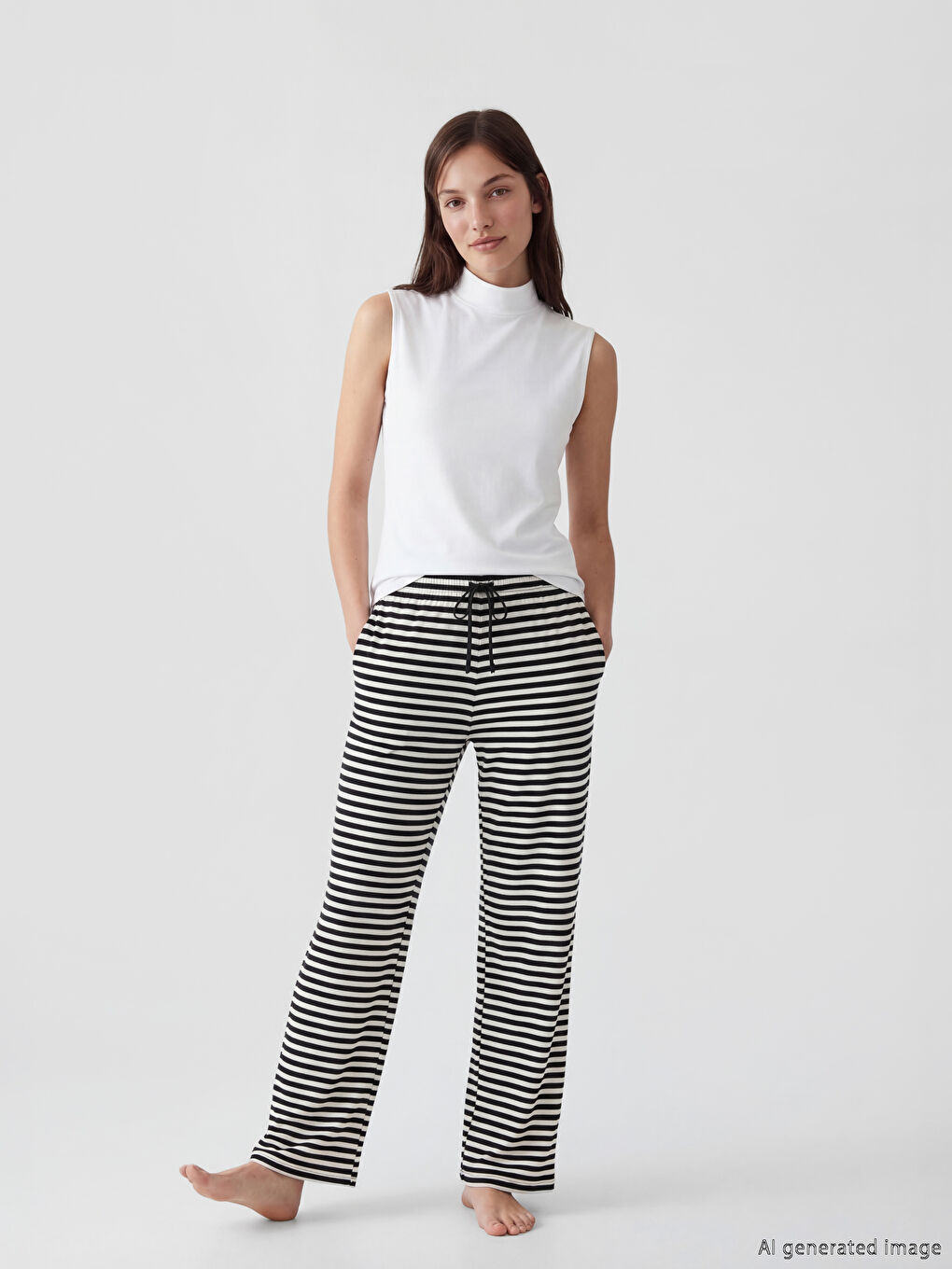 Siyah Beli Lastikli Çizgili Kadın Pijama Altı