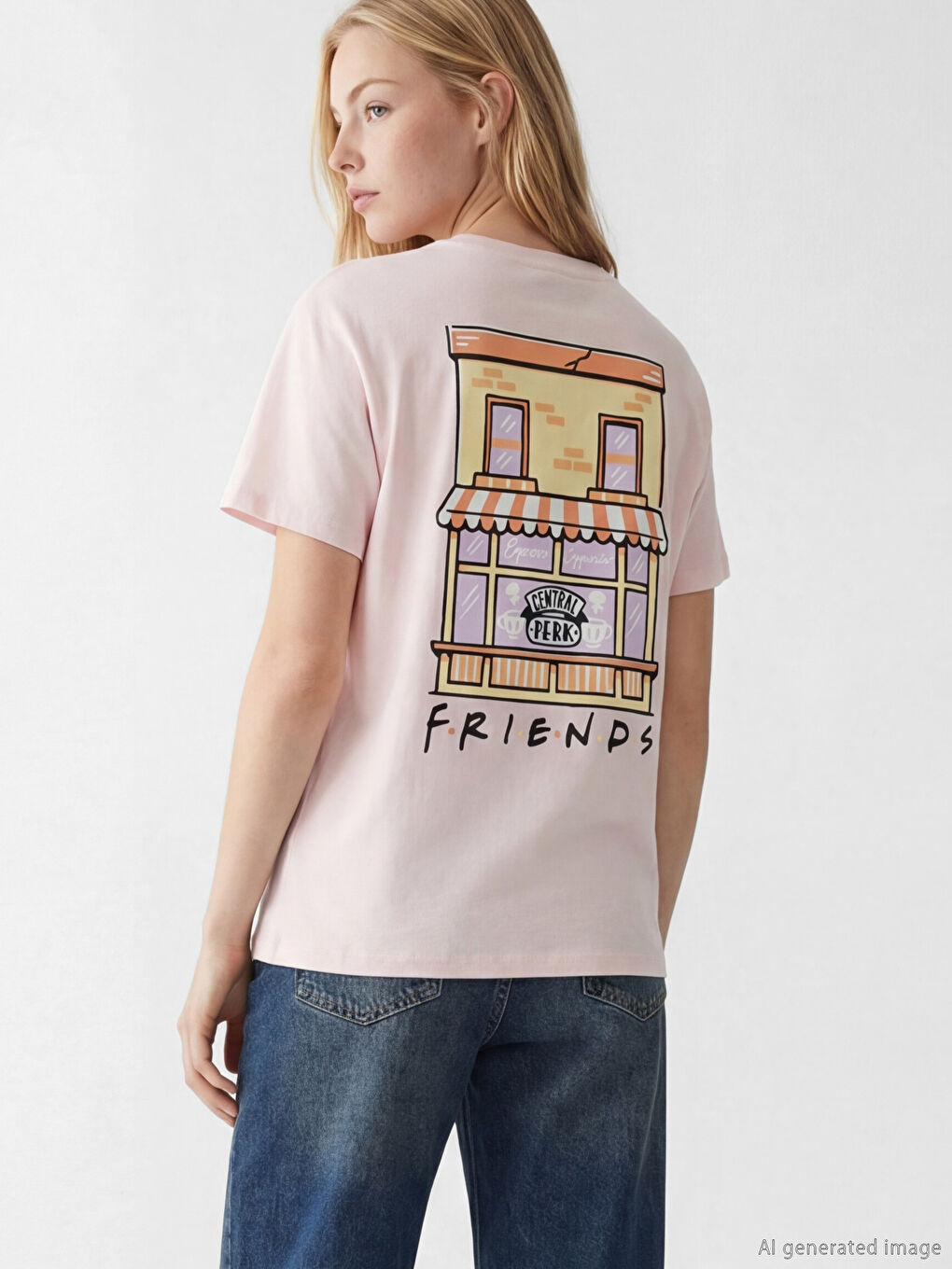 Pembe Bisiklet Yaka Friends Baskılı Kadın Tişört